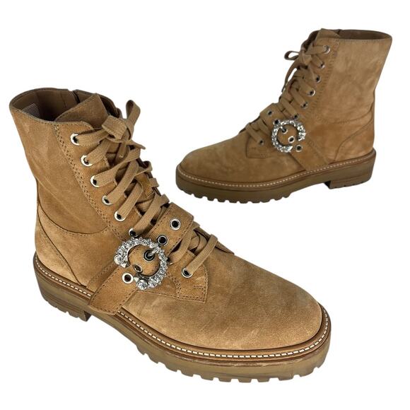 Jimmy Choo Cora Suede Tan Combat Moto Boots - Picture 2 of 16